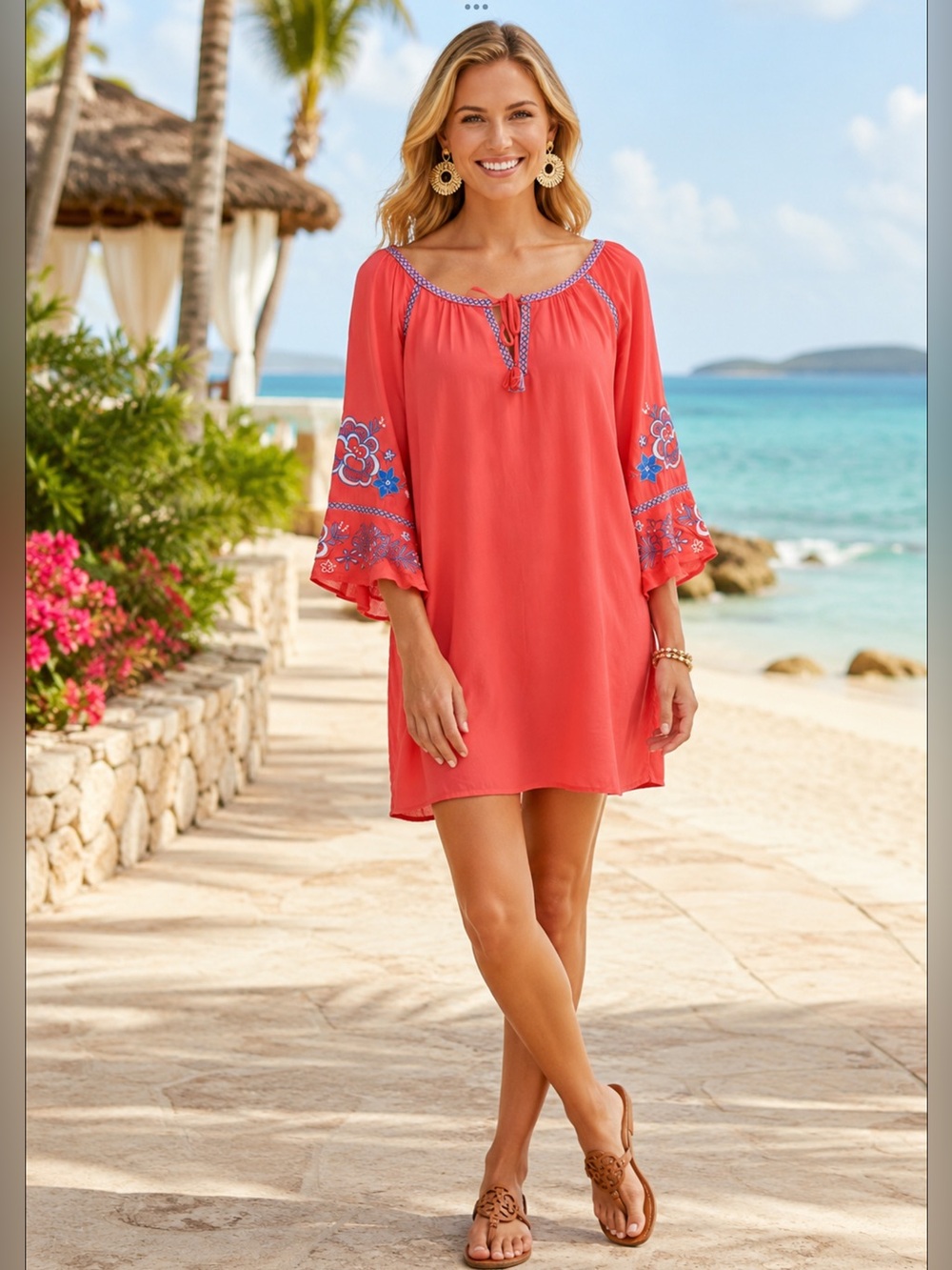Southern Tide Natalie Embroidered Dress Coral Beach Rayon Bell Sleeve. SMALL